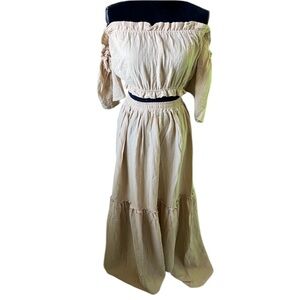 Boutique Womens Tan 2 Piece Maxi Skirt and Top Set Bohemian Peasant Style Med